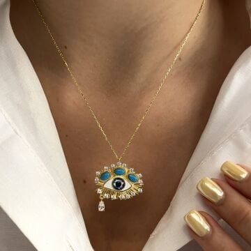 925 Ayar Gümüş İthal Turkuaz Taşlı Mineli Göz Kolye Blueye