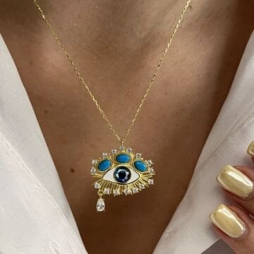 925 Ayar Gümüş İthal Turkuaz Taşlı Mineli Göz Kolye Blueye
