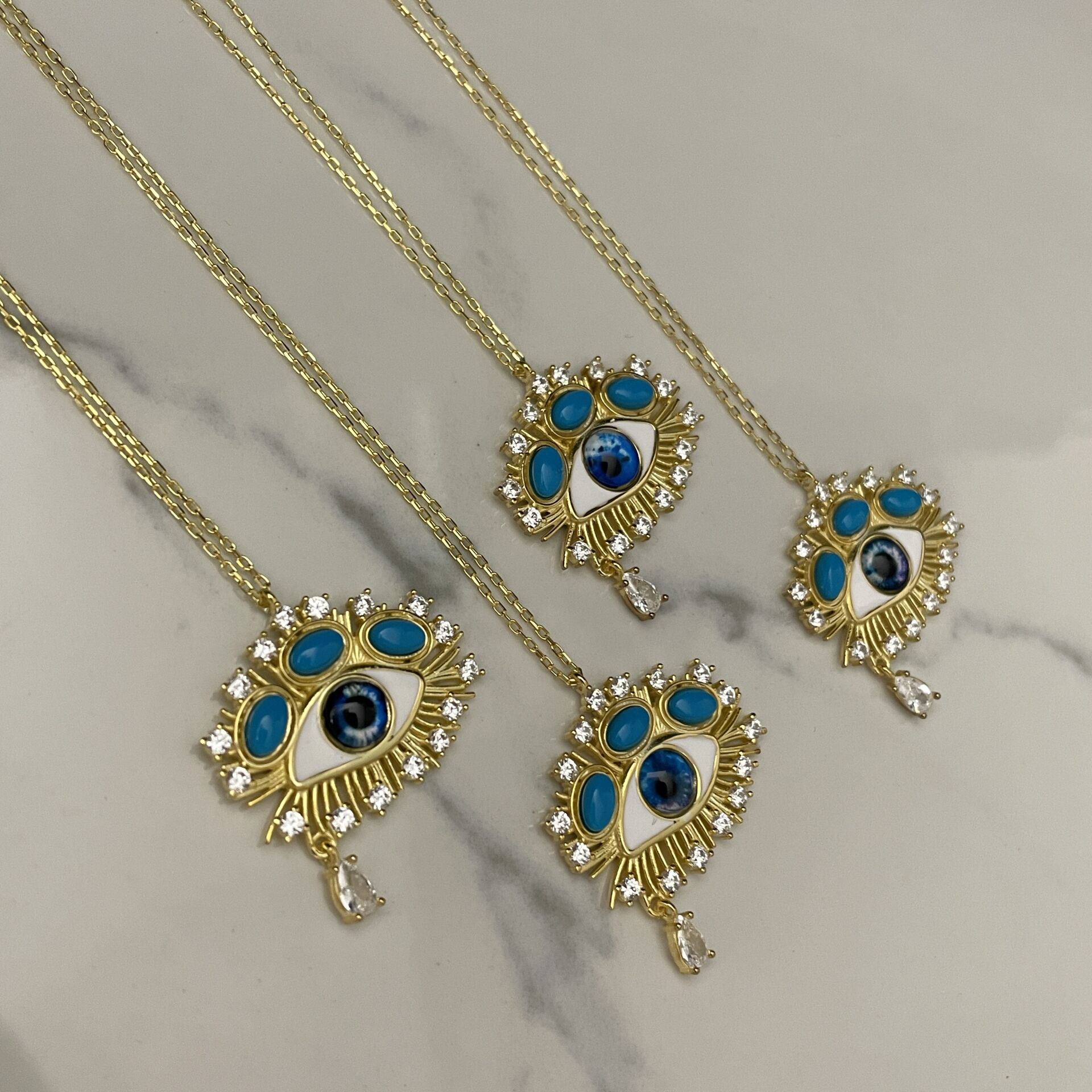 925 Ayar Gümüş İthal Turkuaz Taşlı Mineli Göz Kolye Blueye