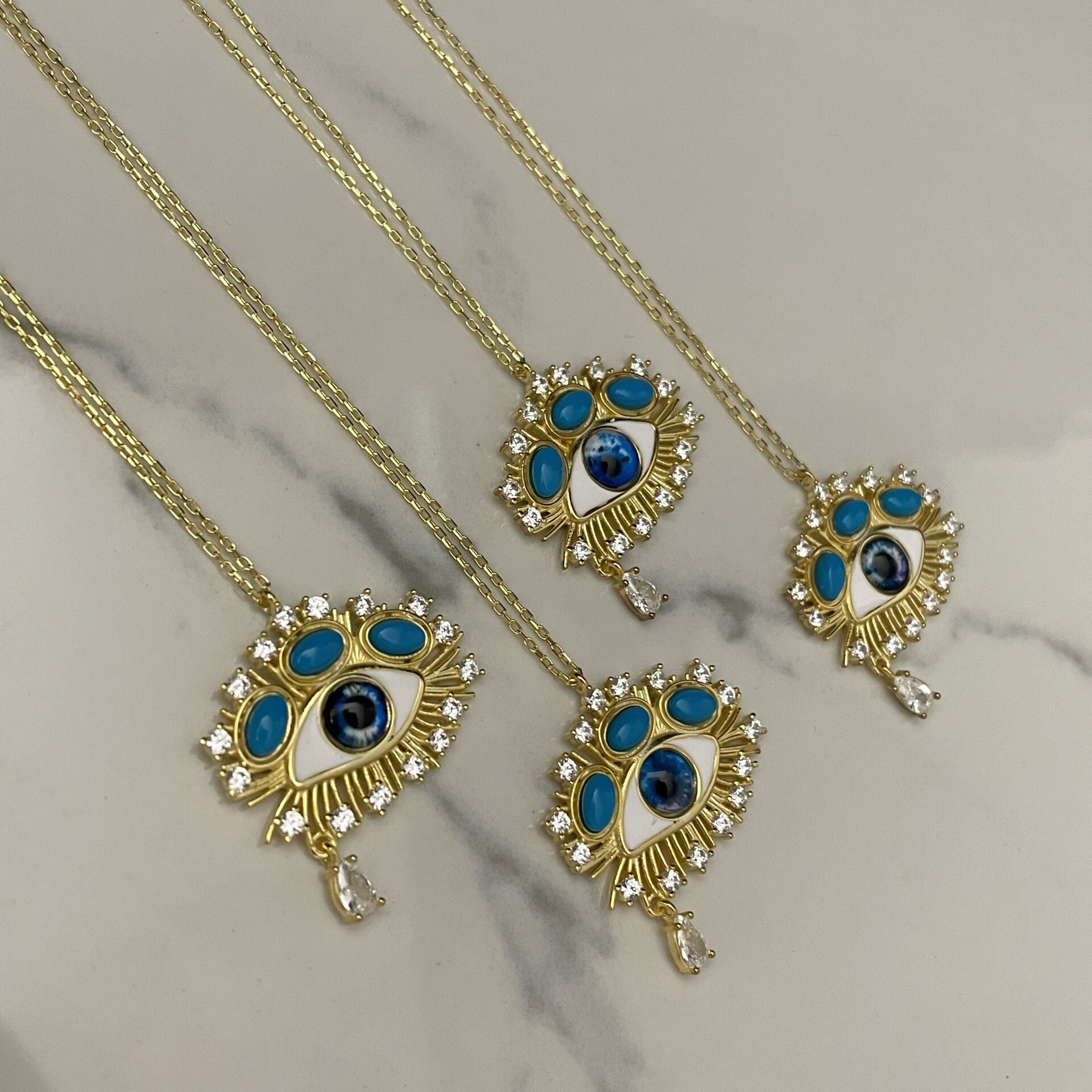 925 Ayar Gümüş İthal Turkuaz Taşlı Mineli Göz Kolye Blueye