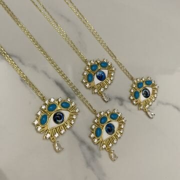 925 Ayar Gümüş İthal Turkuaz Taşlı Mineli Göz Kolye Blueye