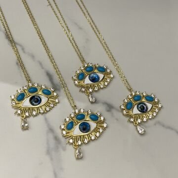 925 Ayar Gümüş İthal Turkuaz Taşlı Mineli Göz Kolye Blueye