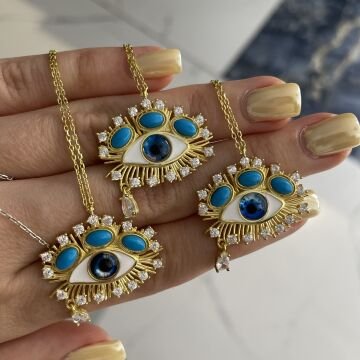925 Ayar Gümüş İthal Turkuaz Taşlı Mineli Göz Kolye Blueye