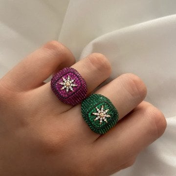 925 Ayar Gümüş Renkli Zirkon Taşlı İthal Yüzük Shiny Star