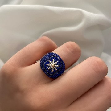 925 Ayar Gümüş Renkli Zirkon Taşlı İthal Yüzük Shiny Star Mavi
