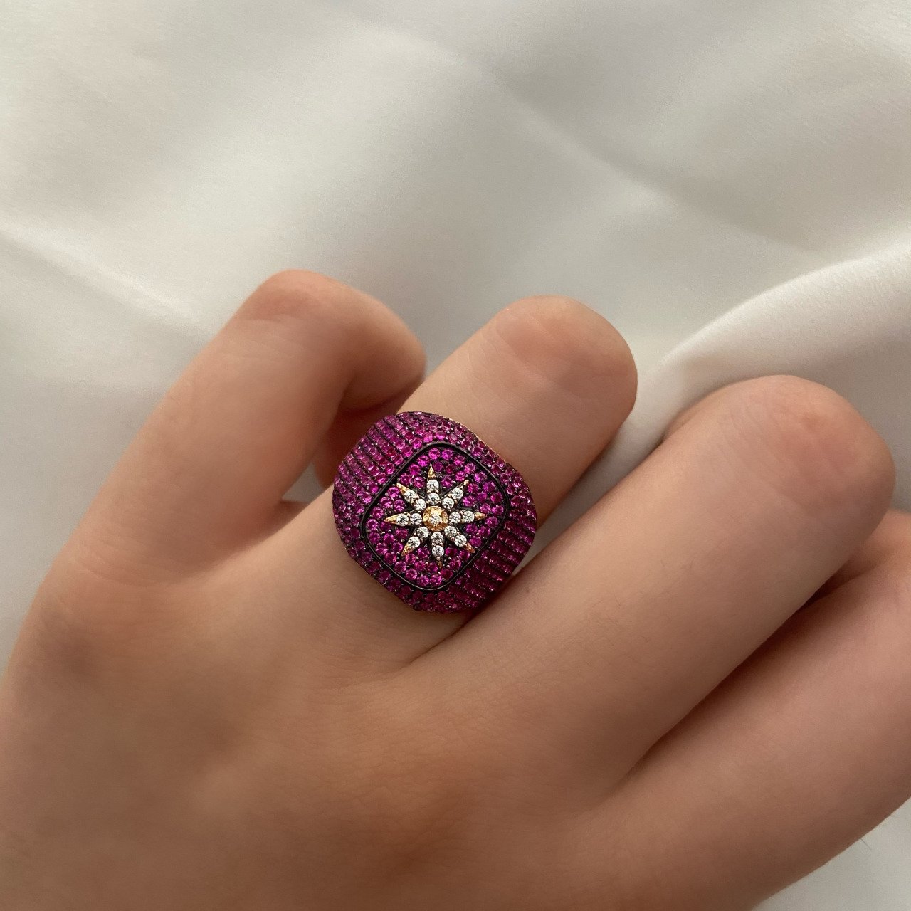 925 Ayar Gümüş Renkli Zirkon Taşlı İthal Yüzük Shiny Star Pembe