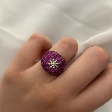 925 Ayar Gümüş Renkli Zirkon Taşlı İthal Yüzük Shiny Star Pembe