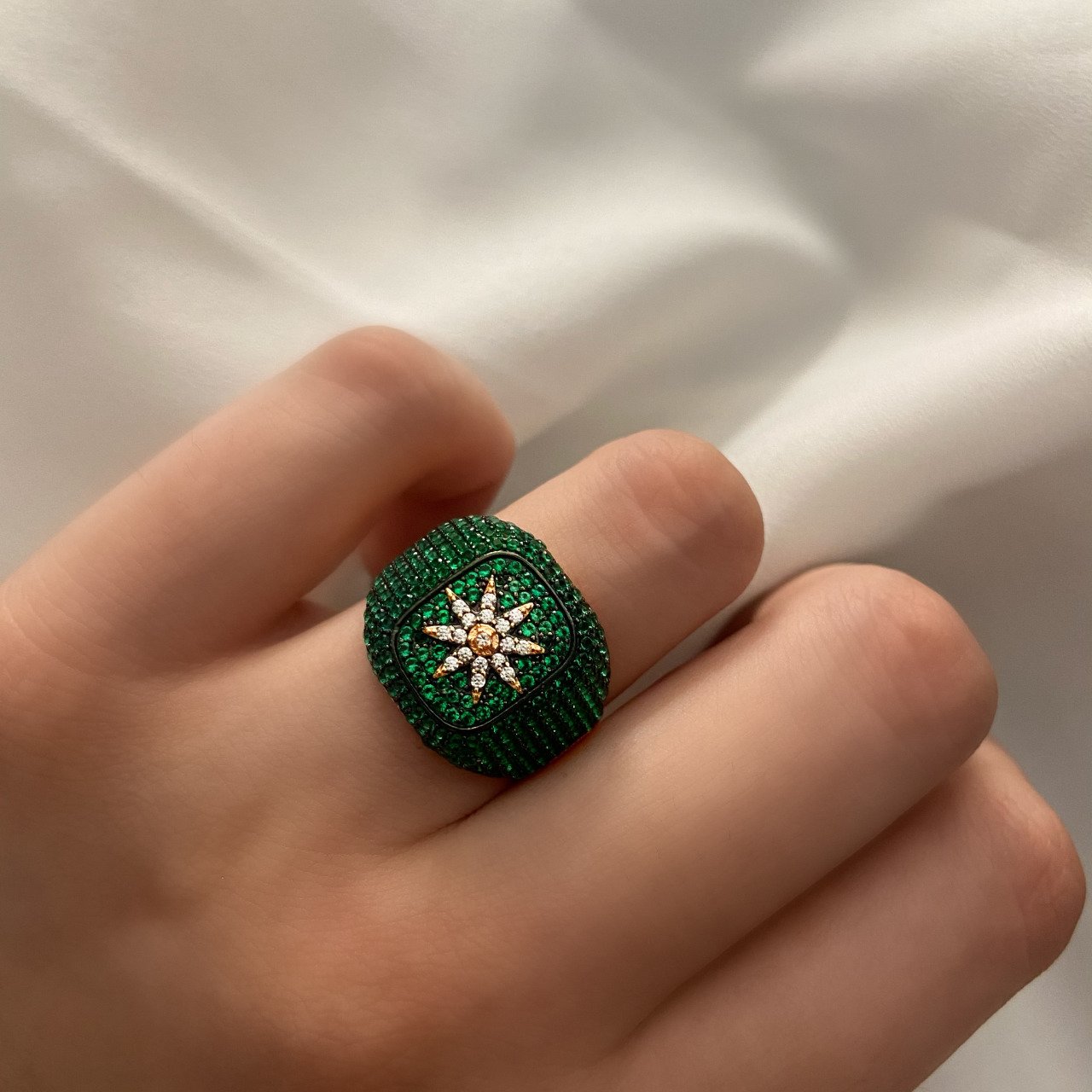 925 Ayar Gümüş Renkli Zirkon Taşlı İthal Yüzük Shiny Star Yeşil