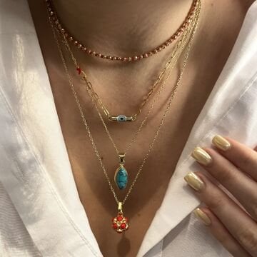 925 Ayar Gümüş İthal Altın Modeli Kırmızı Mineli Top Kolye