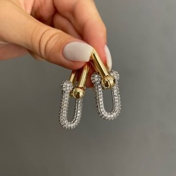 İki Renkli Taşlı Tasarım Halka Küpe