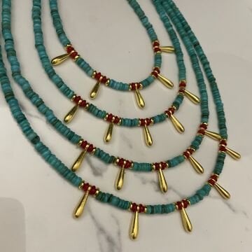 925 Ayar Gümüş Turkuaz Ve Mercan Taşlı Tasarım Kolye Lita