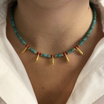 925 Ayar Gümüş Turkuaz Ve Mercan Taşlı Tasarım Kolye Lita