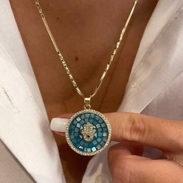 İthal Turkuaz Taşlı Tasarım Fatma Ana Eli Kolye Nora