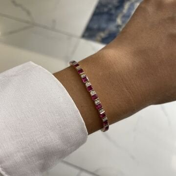 925 Ayar Gümüş İthal Pembe Taşlı Tasarım Bileklik Amora