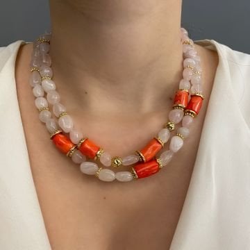 Pembe Kuvars Ve Mercan Taşlı Kolye Sappho