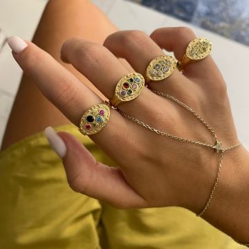 925 Ayar Gümüş Vintage Renkli Taşlı Tasarım Yüzük Milla