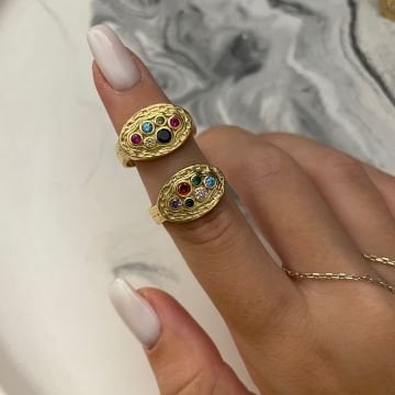 925 Ayar Gümüş Vintage Renkli Taşlı Tasarım Yüzük Milla