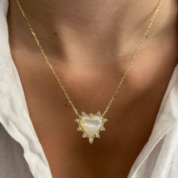925 Ayar Gümüş Sedef Taşlı Tasarım Kalp Kolye Lisa