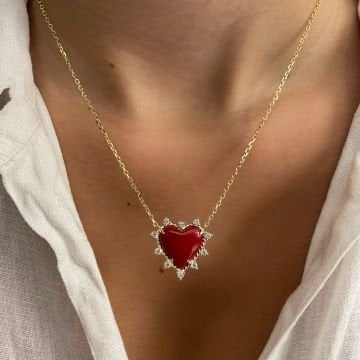 925 Ayar Gümüş Sedef Taşlı Tasarım Kalp Kolye Lisa