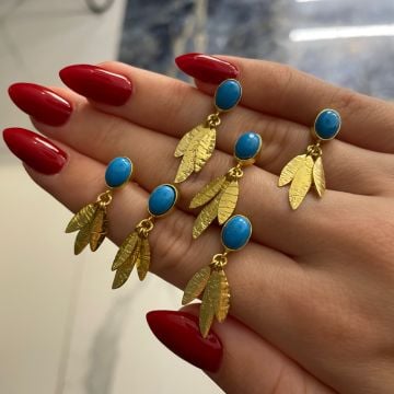 925 Ayar Gümüş Turkuaz Taşlı Yapraklı Küpe Pally
