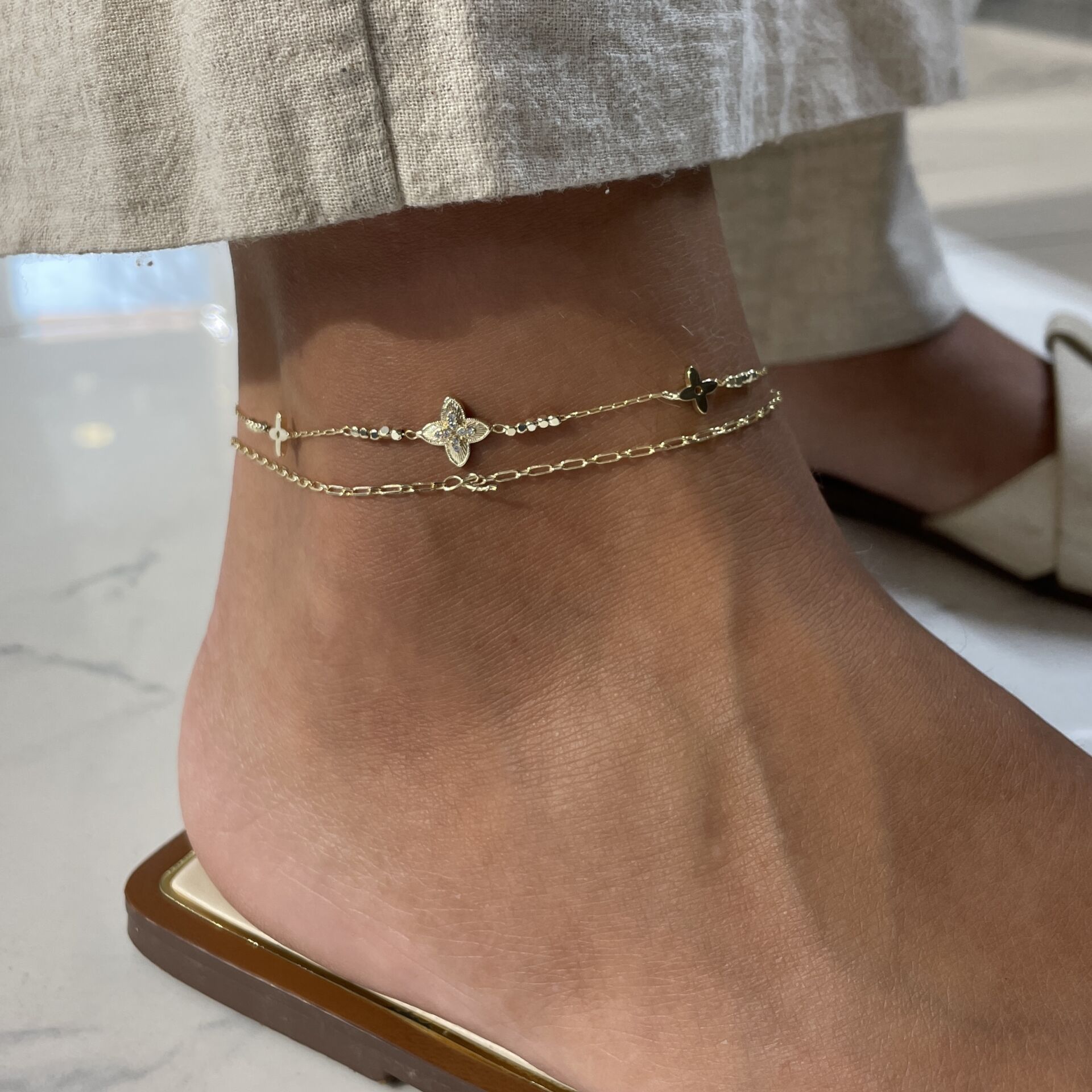 İthal Taşlı Yonca Model İkili Zincir Halhal