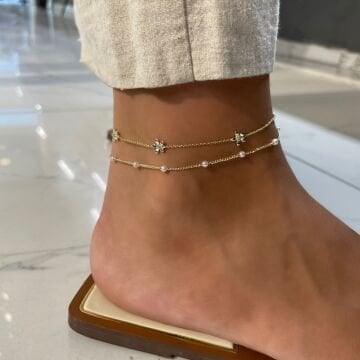 İthal İncili Çiçek Model İkili Zincir Halhal