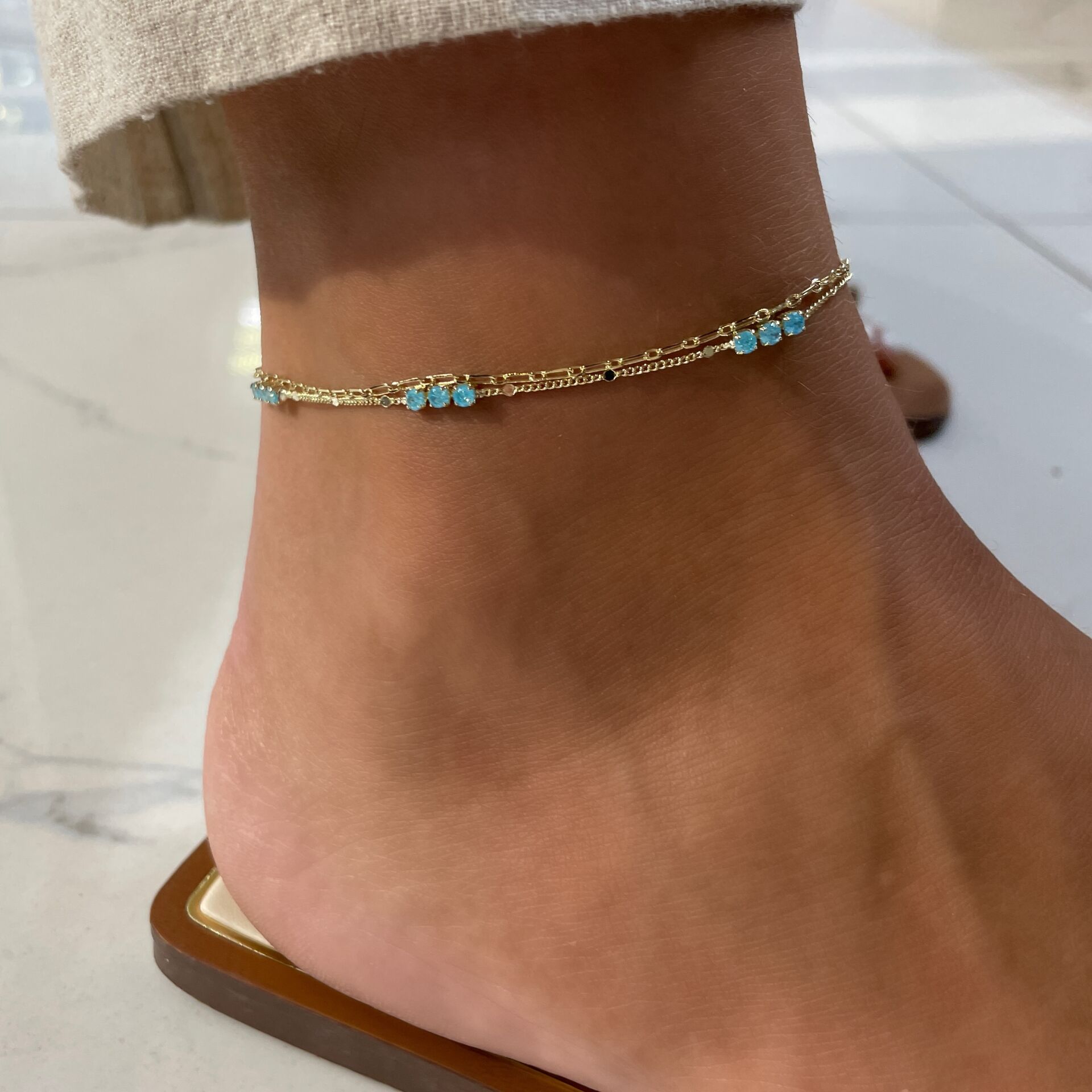 İthal Mavi Taşlı İkili Zincir Halhal