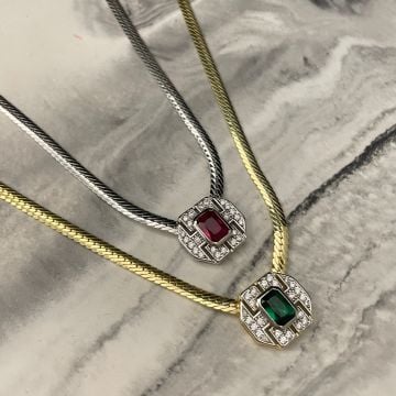 925 Ayar Gümüş İthal Baget Taşlı Balık Sırtı Zincir Kolye Elia