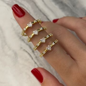 925 Ayar Gümüş İthal Taşlı Kalpli Yüzük Linza