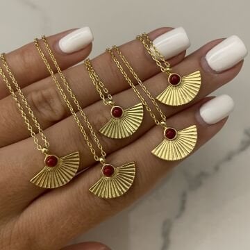 925 Ayar Gümüş İthal Mercan Taşlı Yelpaze Kolye