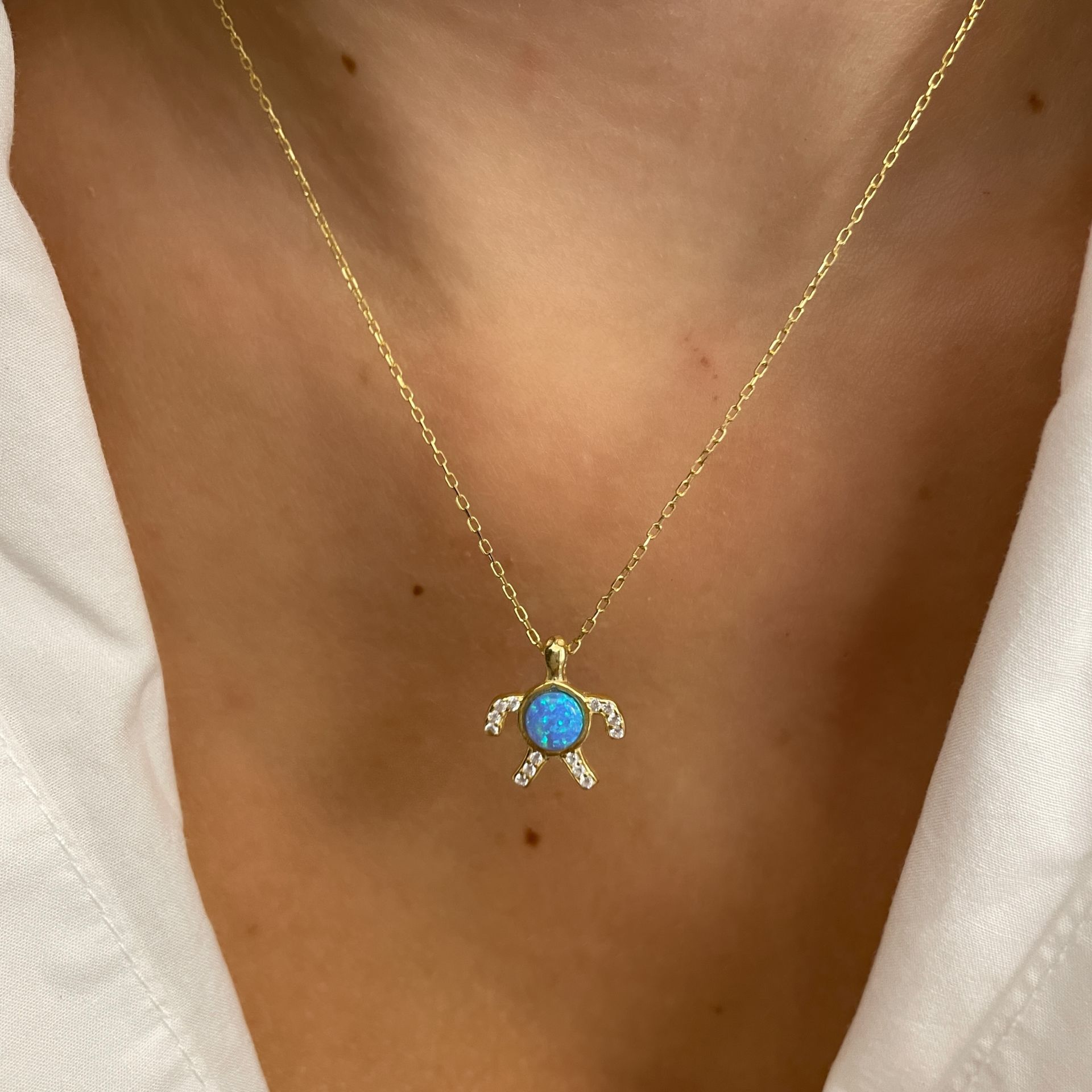 925 Ayar Gümüş Minimal Opal Taşlı Kaplumbağa Kolye Turtle