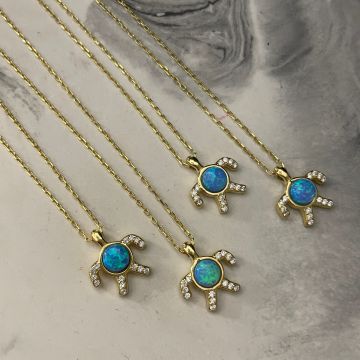 925 Ayar Gümüş Minimal Opal Taşlı Kaplumbağa Kolye Turtle