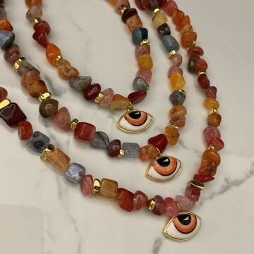 925 Ayar Gümüş Akik Taşlı Turuncu Mineli Göz Kolye