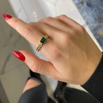 925 Ayar Gümüş Yeşil Taşlı Zincir Yüzük Freya