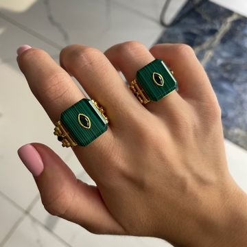 925 Ayar Gümüş İthal Malakit Taşlı Tasarım Yüzük İlda
