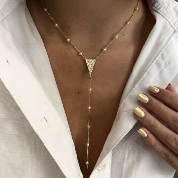 İthal İnci Detaylı Üçgen Tasarımlı Y Kolye Perla