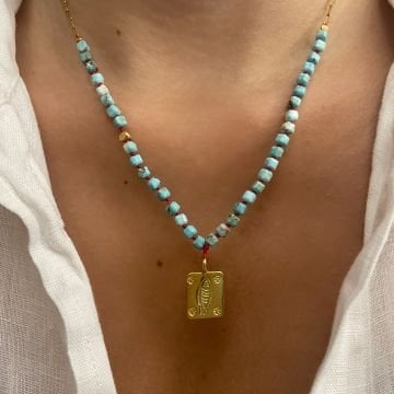 925 Ayar Gümüş Kırmızı İpli Firuze Taşlı Balık Kolye Blufish