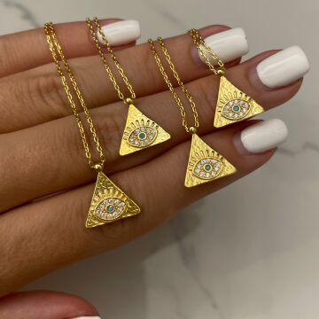 925 Ayar Gümüş İthal Taşlı Üçgen Tasarımlı Göz Kolye EvilEye