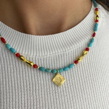 925 Ayar Gümüş Firuze Ve Mercan Taşlı Balık Kolye