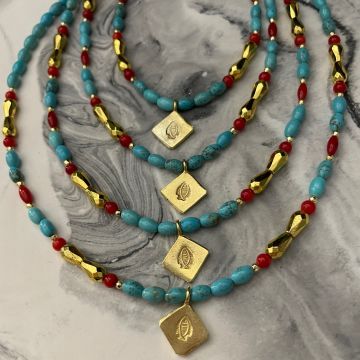 925 Ayar Gümüş Firuze Ve Mercan Taşlı Balık Kolye