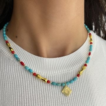 925 Ayar Gümüş Firuze Ve Mercan Taşlı Balık Kolye