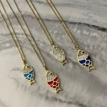 925 Ayar Gümüş Renkli Mineli Balık Kolye Colourful Fish