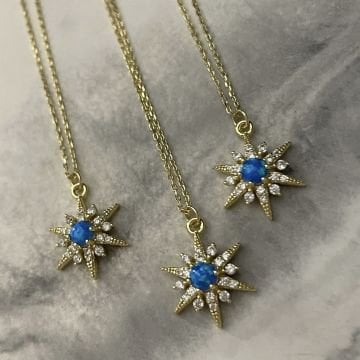 925 Ayar Gümüş İthal Opal Taşlı Yıldız Kolye Lenora