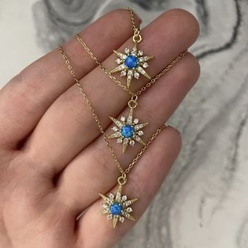925 Ayar Gümüş İthal Opal Taşlı Yıldız Kolye Lenora