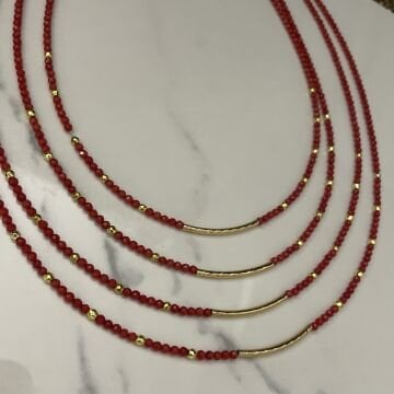 925 Ayar Gümüş Gold Detaylı Mercan Taşlı Kolye Carmine