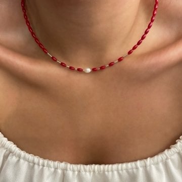 925 Ayar Gümüş Mercan Hematit Ve İnci Taşlı Kolye Cahide