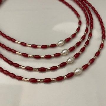 925 Ayar Gümüş Mercan Hematit Ve İnci Taşlı Kolye Cahide