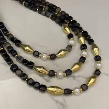 925 Ayar Gümüş Gold Detaylı Akik Taşlı Tasarım Kolye Alegra