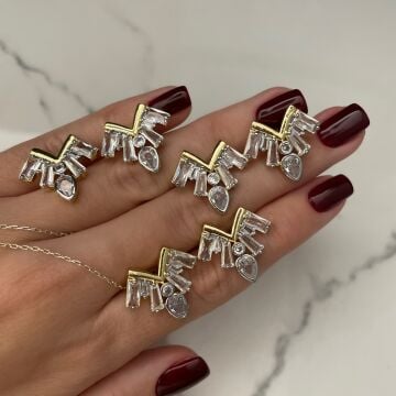 İthal Baget Taşlı Tasarım Küpe ve Silva