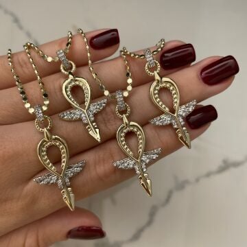 İthal Taşlı Tasarım Ank İşareti Kolye